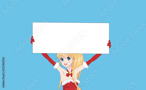 Japanese Asian woman holding white big sign board