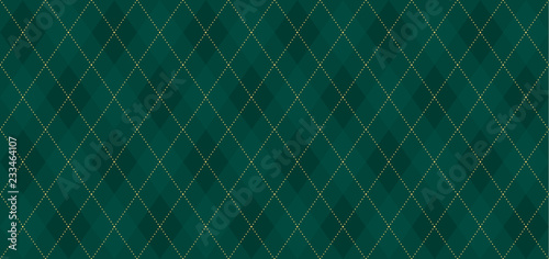 Argyle vector pattern. Dark green with thin slim golden dotted line. Seamless vivid geometric background for fabric, textile, men clothing, wrapping paper. Backdrop Little Gentleman party invite card