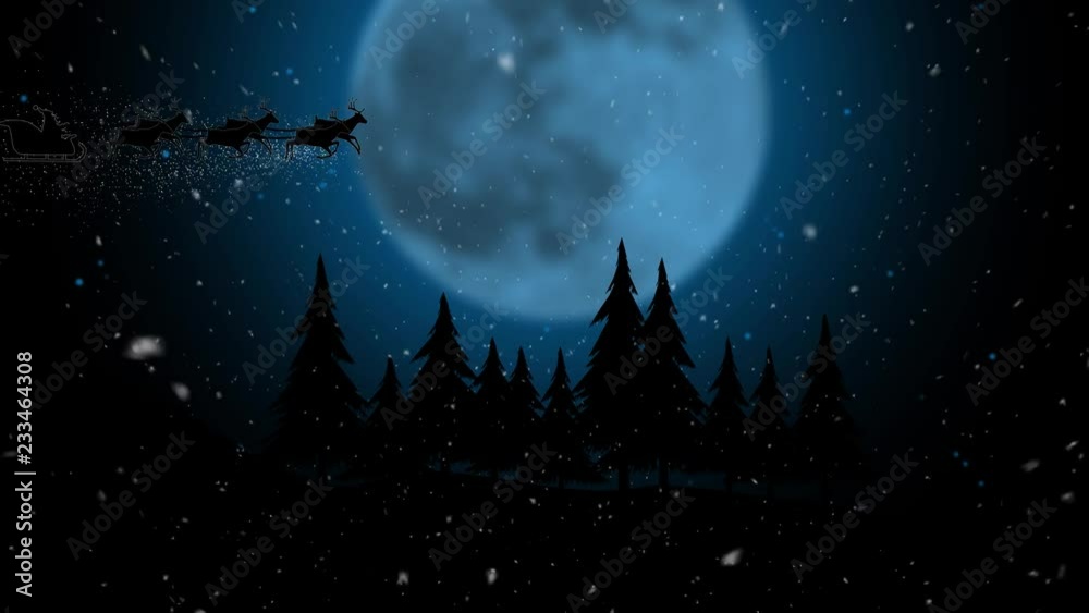 Digital composite of with falling snow over santa sleigh over clouds at night . Silhouette Digital composite of with falling snow over santa sleigh over clouds at night . Silhouette