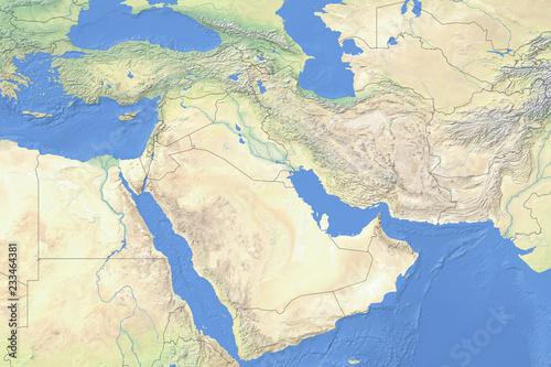 Physical map of countries in the Middle East - detailed topography based on WGS84 coordinate system