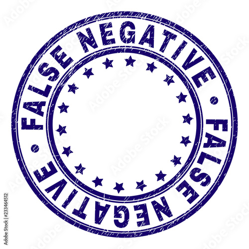 FALSE NEGATIVE stamp seal imprint with distress texture. Designed with circles and stars. Blue vector rubber print of FALSE NEGATIVE caption with unclean texture.