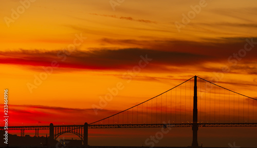 Golden Gate Bridge in silhouette at sunset