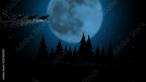 Silhouette santa flying with over full snowflakes moon over night forest. Silhouette