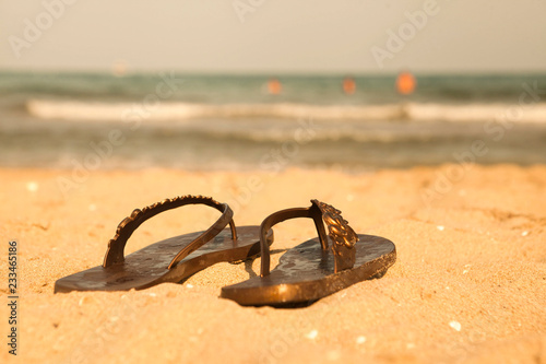 Flip-flop on sand beach of Lake Balaton