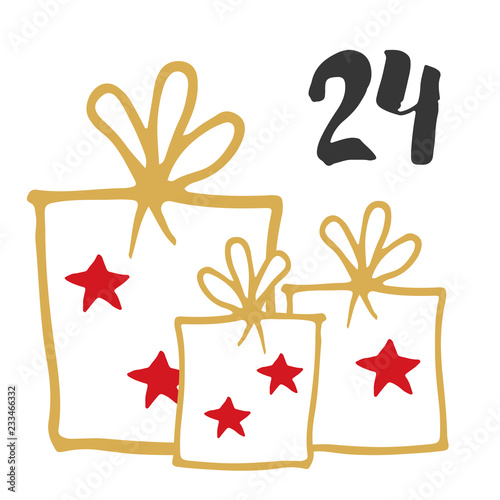 Christmas advent calendar. Hand drawn elements and numbers. Winter holidays calendar card design, Vector illustration