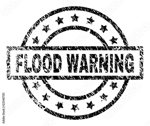 FLOOD WARNING stamp seal watermark with distress style. Designed with rectangle, circles and stars. Black vector rubber print of FLOOD WARNING caption with unclean texture.