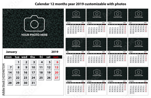 Calendario 12 mesi anno 2019 personalizzabile con testo foto e colori