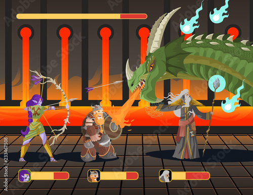 rpg scrolling videogame players against a dragon