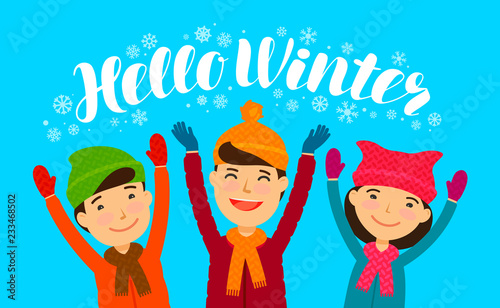 Hello Winter, banner. Happy children enjoy the snow. Cartoon vector illustration