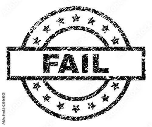 FAIL stamp seal watermark with distress style. Designed with rectangle, circles and stars. Black vector rubber print of FAIL title with scratched texture.