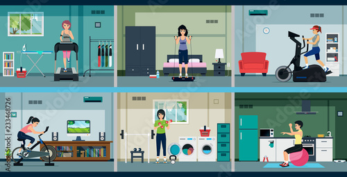 Housewives are exercising with a home gym.
