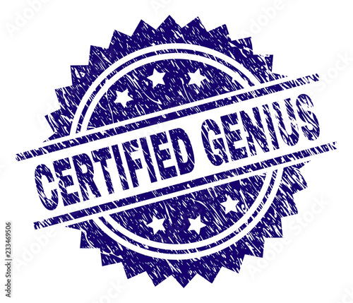 CERTIFIED GENIUS stamp seal watermark with distress style. Blue vector rubber print of CERTIFIED GENIUS text with dirty texture.
