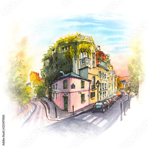 Photography Watercolor sketch of cozy old street with pink house in quarter Montmartre, Paris, France