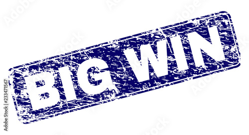 BIG WIN stamp seal print with distress texture. Seal shape is a rounded rectangle with frame. Blue vector rubber print of BIG WIN text with dirty texture.