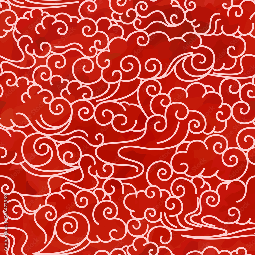 Seamless oriental pattern with clouds, chinese ornament on a watercolor background
