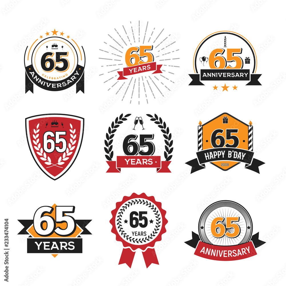 Collection of retro 65 th years anniversary logo. Set of Isolated vintage icons of sixty-five years celebrating vector illustration