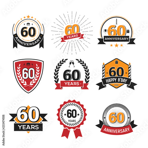 Collection of retro 60 th years anniversary logo. Set of Isolated vintage icons of sixty years celebrating vector illustration