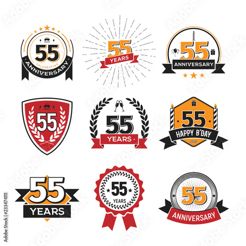 Collection of retro 55 th years anniversary logo. Set of Isolated vintage icons of fifty-five years celebrating vector illustration