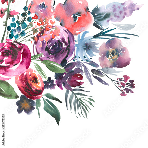 Abstract watercolor floral greeting card, red watercolor roses