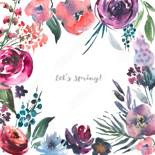 Abstract watercolor floral greeting card, red watercolor roses