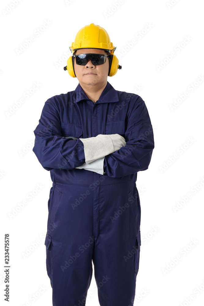 portrait of a worker in Mechanic Jumpsuit isolated on white background portrait of a worker in Mechanic Jumpsuit isolated on white background