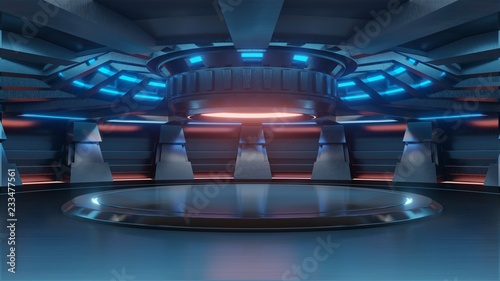 Empty light blue studio room futuristic Sci Fi big hall room with lights blue, Future background for design,3d rendering