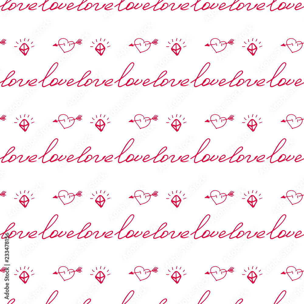 Seamless valentine pattern with word love and hearts