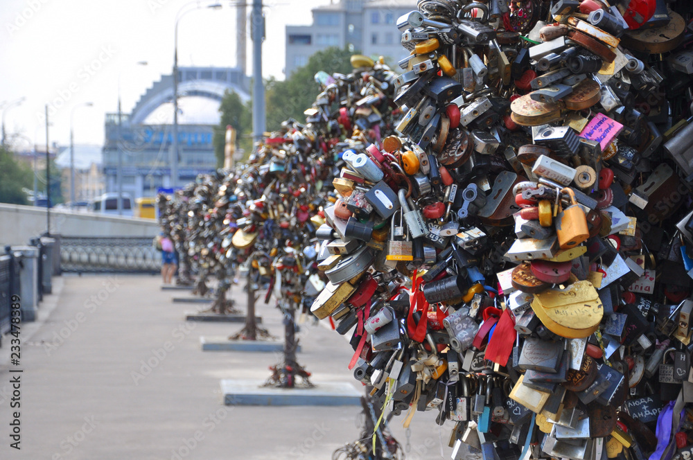 Thousands of wedding locks near Moscow River, Moscow, Russia