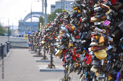 Thousands of wedding locks near Moscow River, Moscow, Russia
