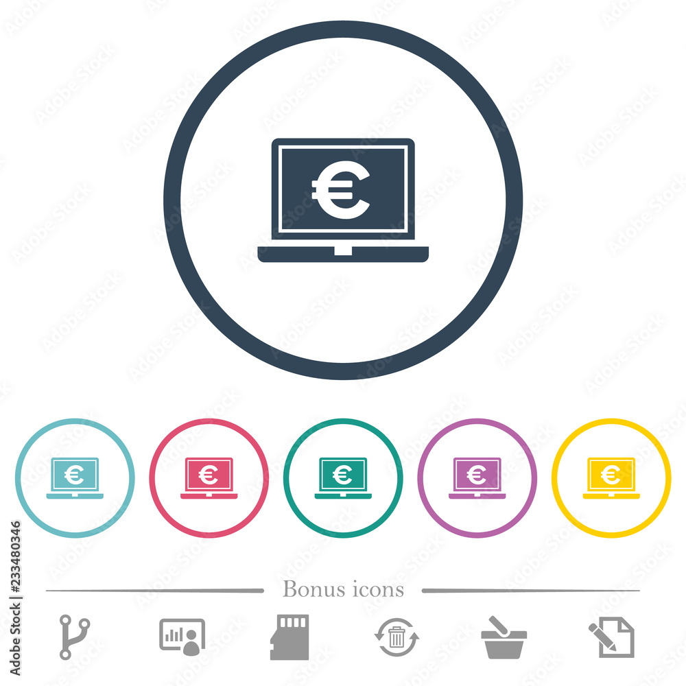 Laptop with Euro sign flat color icons in round outlines Laptop with Euro sign flat color icons in round outlines
