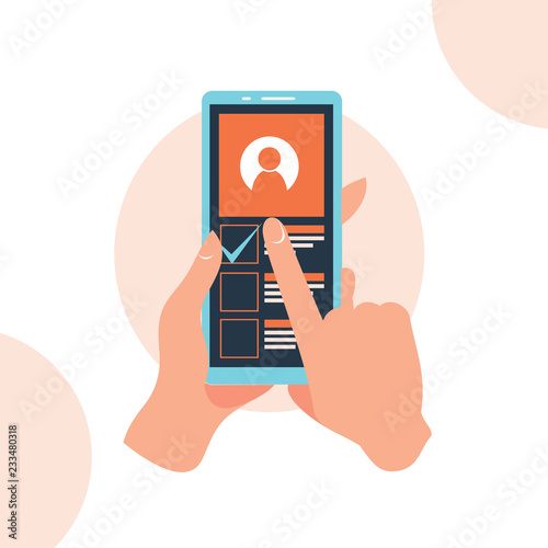 Responsive app landing page phone finger hand click vote