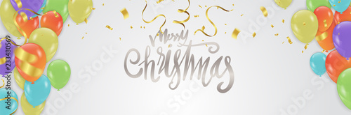 Christmas. Xmas holiday lettering design. Vector party balloons illustration. Confetti and ribbons flag ribbons, Celebration background template