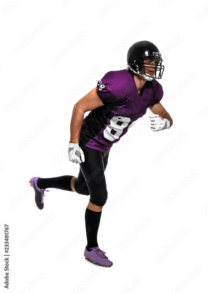 American football player wearing uniform on white background