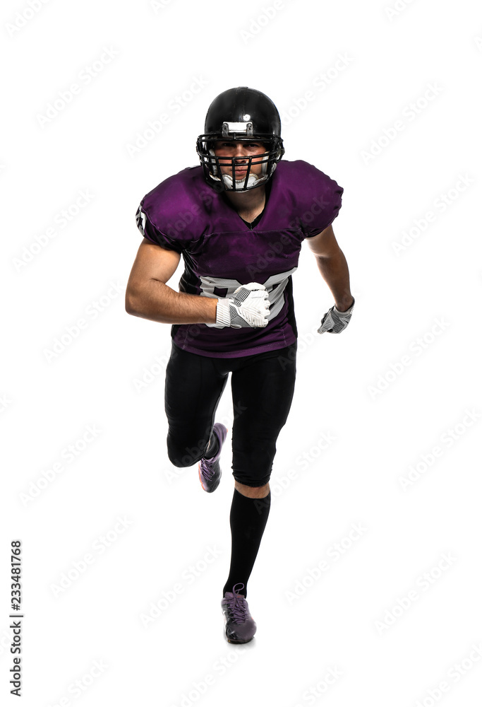 American football player wearing uniform on white background