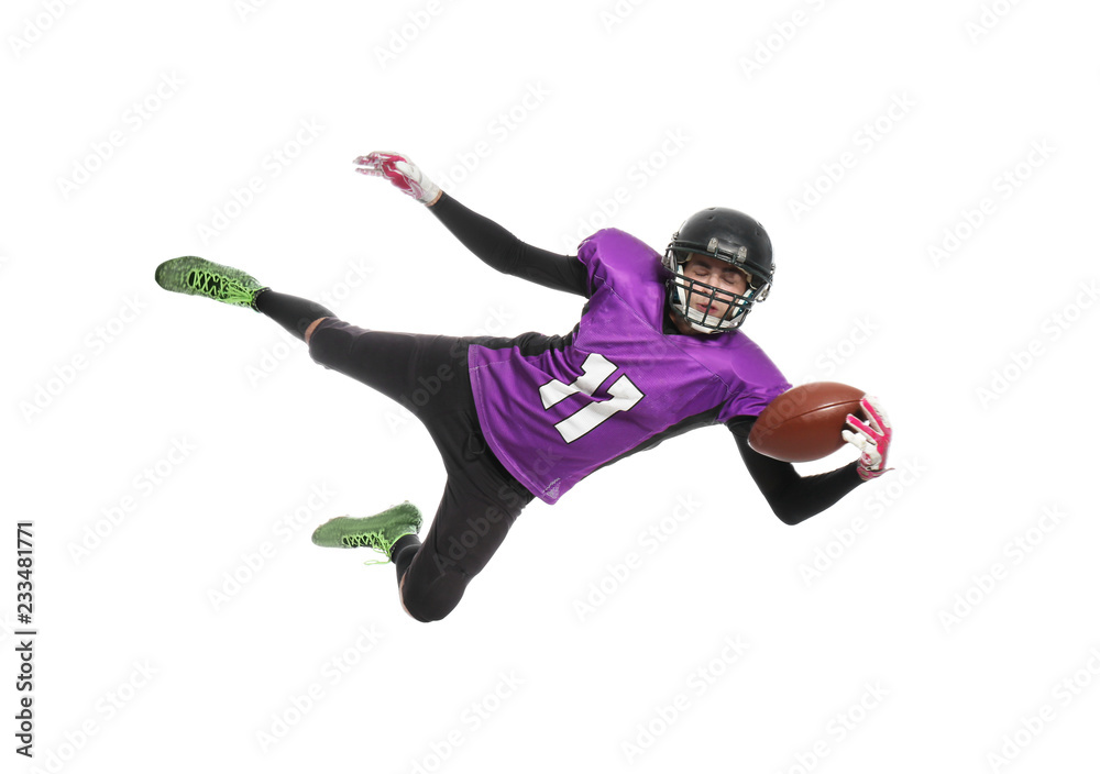 American football player catching ball on white background