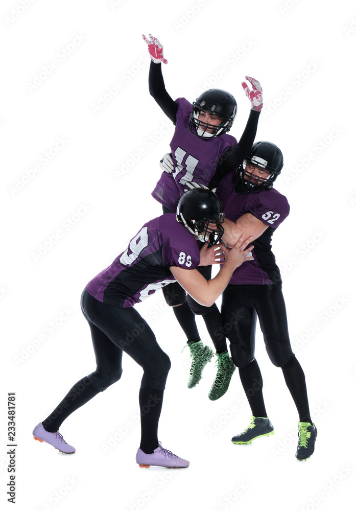 Men in uniform playing American football on white background