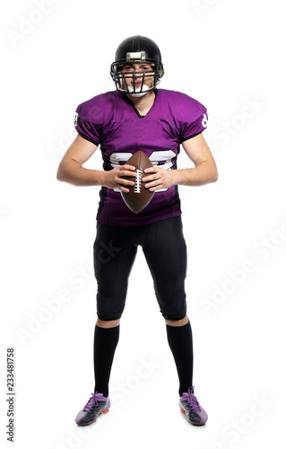 American football player with ball on white background