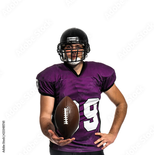 American football player with ball on white background