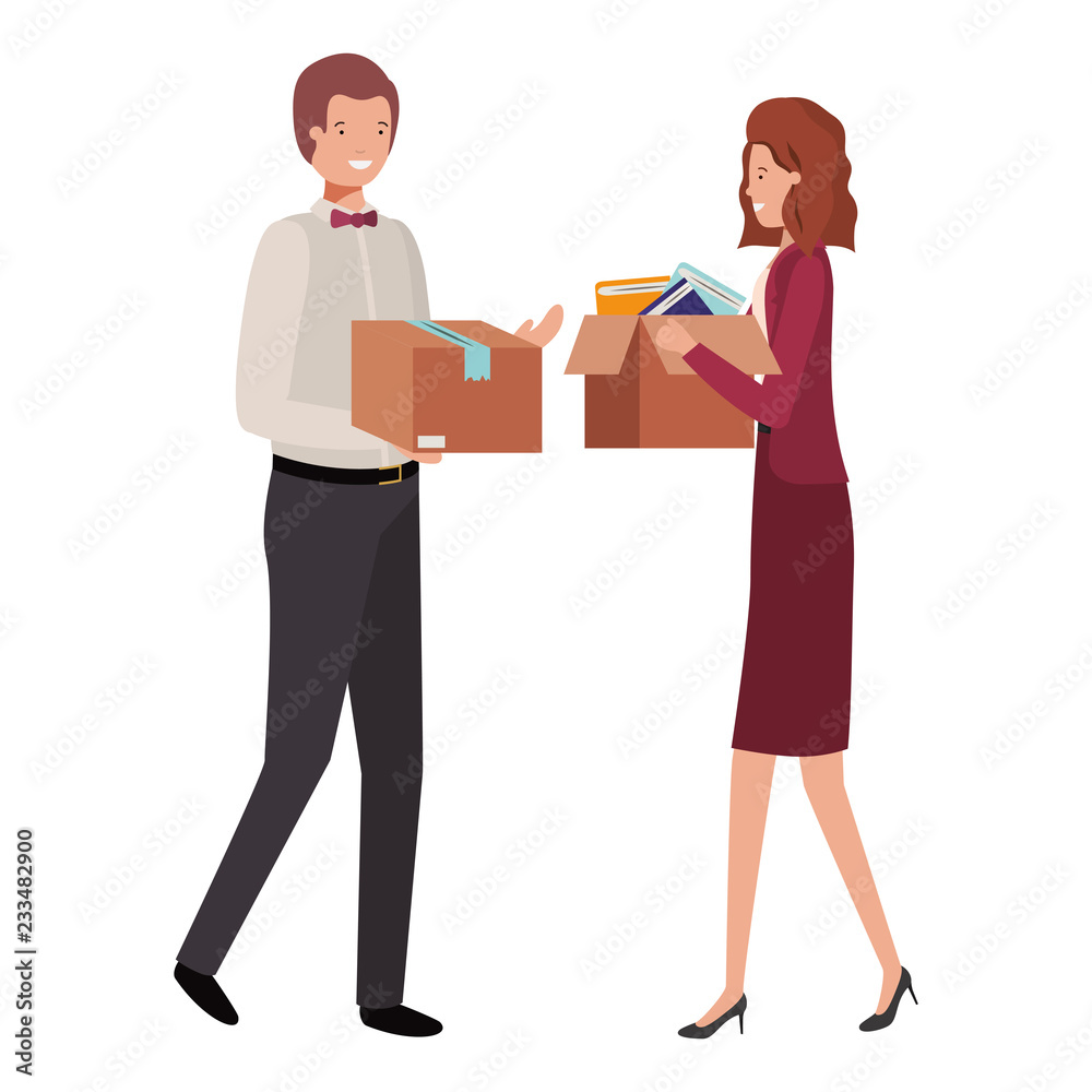 young couple with cardboard box avatar character young couple with cardboard box avatar character