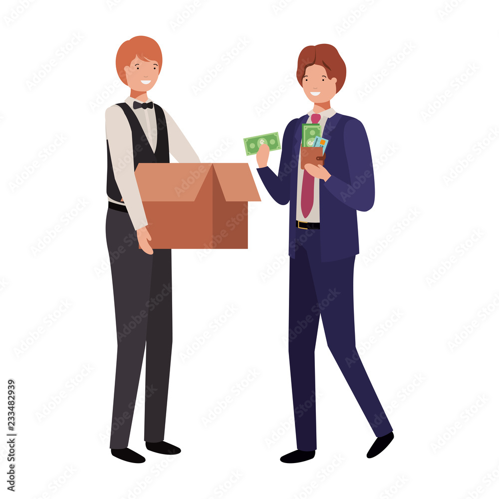 men with cardboard box and wallet avatar character