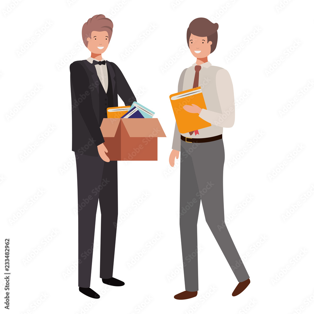 men with book of diary and cardboard box men with book of diary and cardboard box