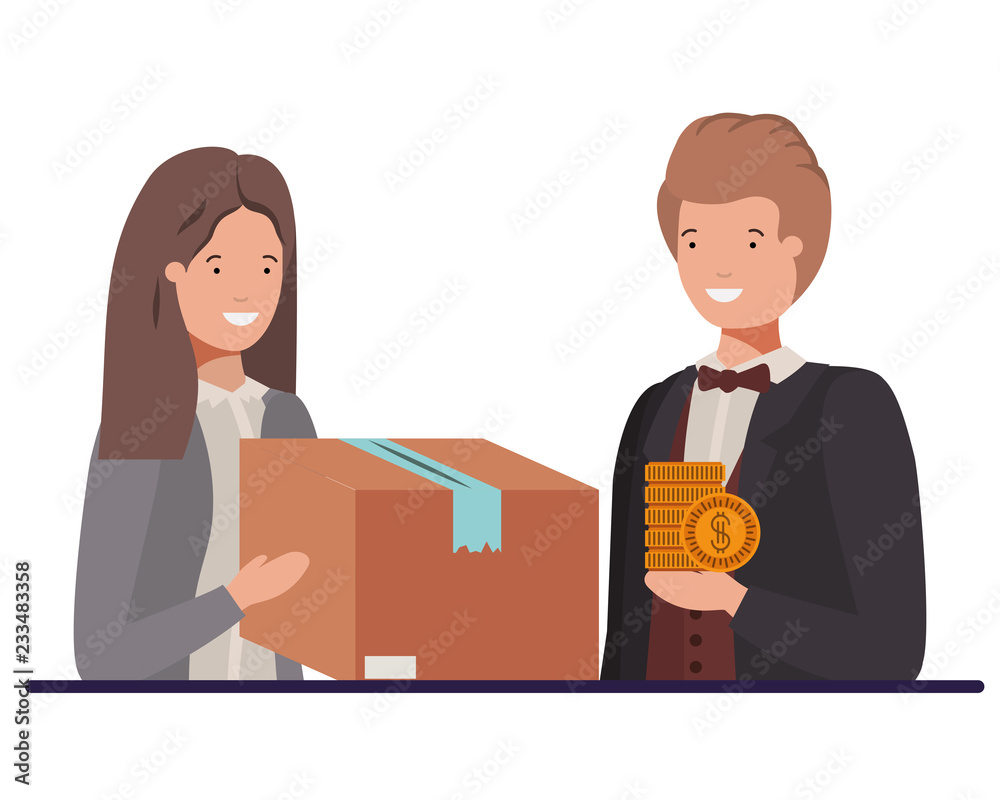 Obraz premium couple with cardboard box and coins avatar character