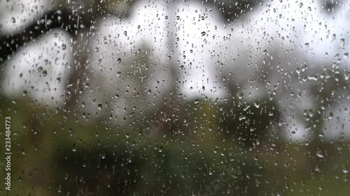 woman that cleans the glass of the window  during a grey and rainy day photo