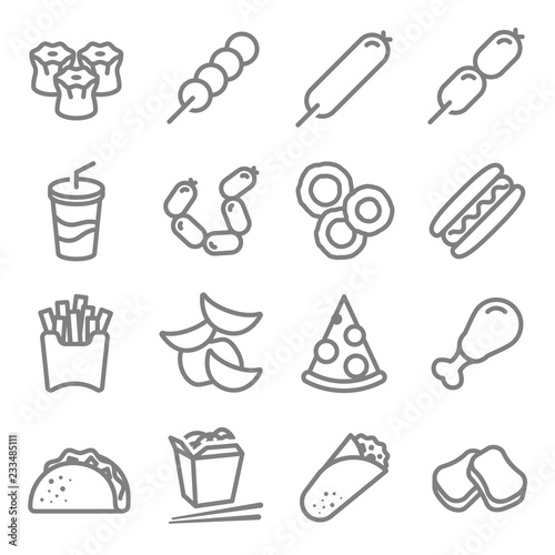 Fast food vector line icon set. Including Chinese noodle box, Taco, nuggets, chips, Rolls, Soft drink and more