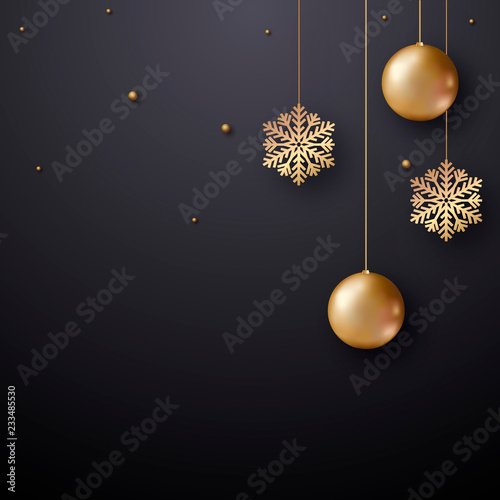 Christmas background with gold balls confetti and snowflakes. Vector