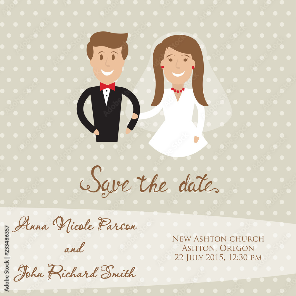 Wedding card with newly wed couple. Save the date card with bride and groom Wedding card with newly wed couple. Save the date card with bride and groom