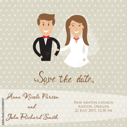 Wedding  card with newly wed couple. Save the date card with bride and groom