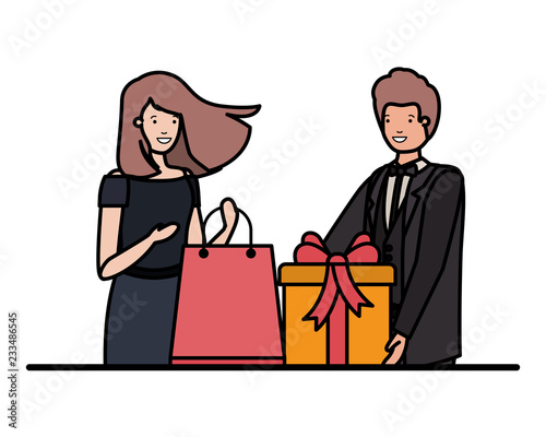 young couple with shopping bag and gift box