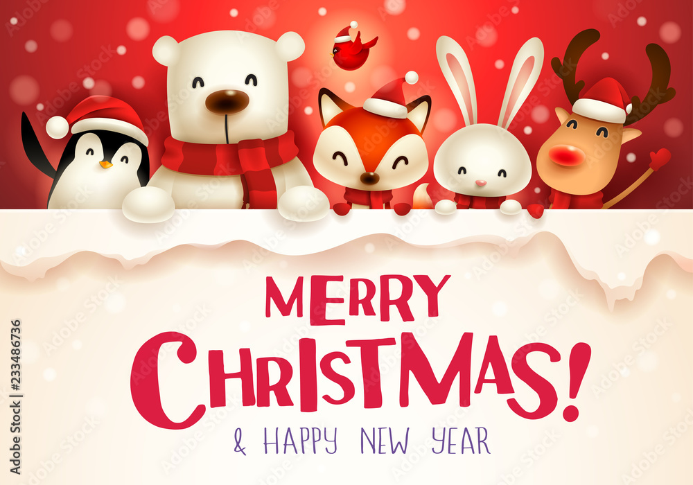 Santa Claus, Reindeer and Elf with big signboard. Merry Christmas calligraphy lettering design. Creative typography for holiday greeting. Santa Claus, Reindeer and Elf with big signboard. Merry Christmas calligraphy lettering design. Creative typography for holiday greeting.