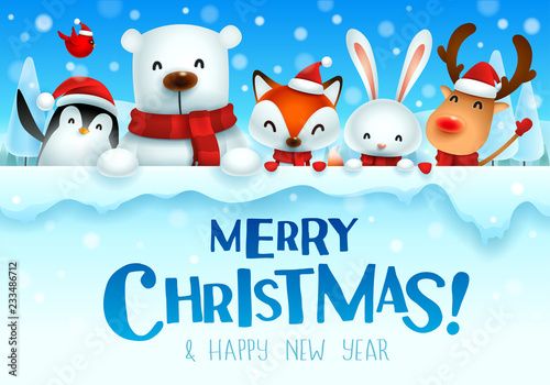 Santa Claus, Reindeer and Elf with big signboard. Merry Christmas calligraphy lettering design. Creative typography for holiday greeting.